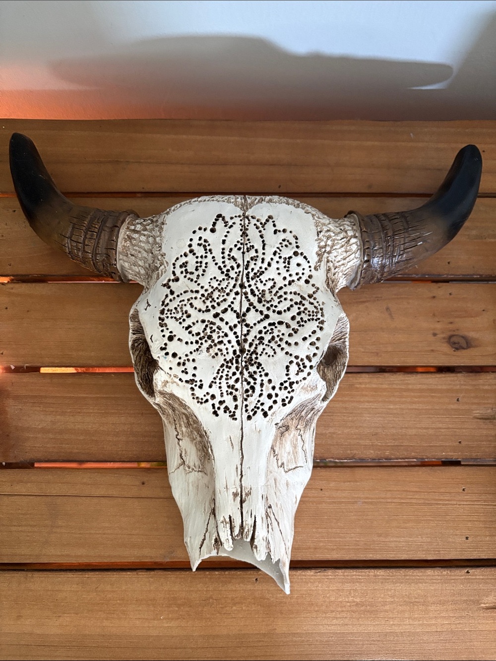 Decorative Carved Buffalo Skull Wall Art - White and Brown